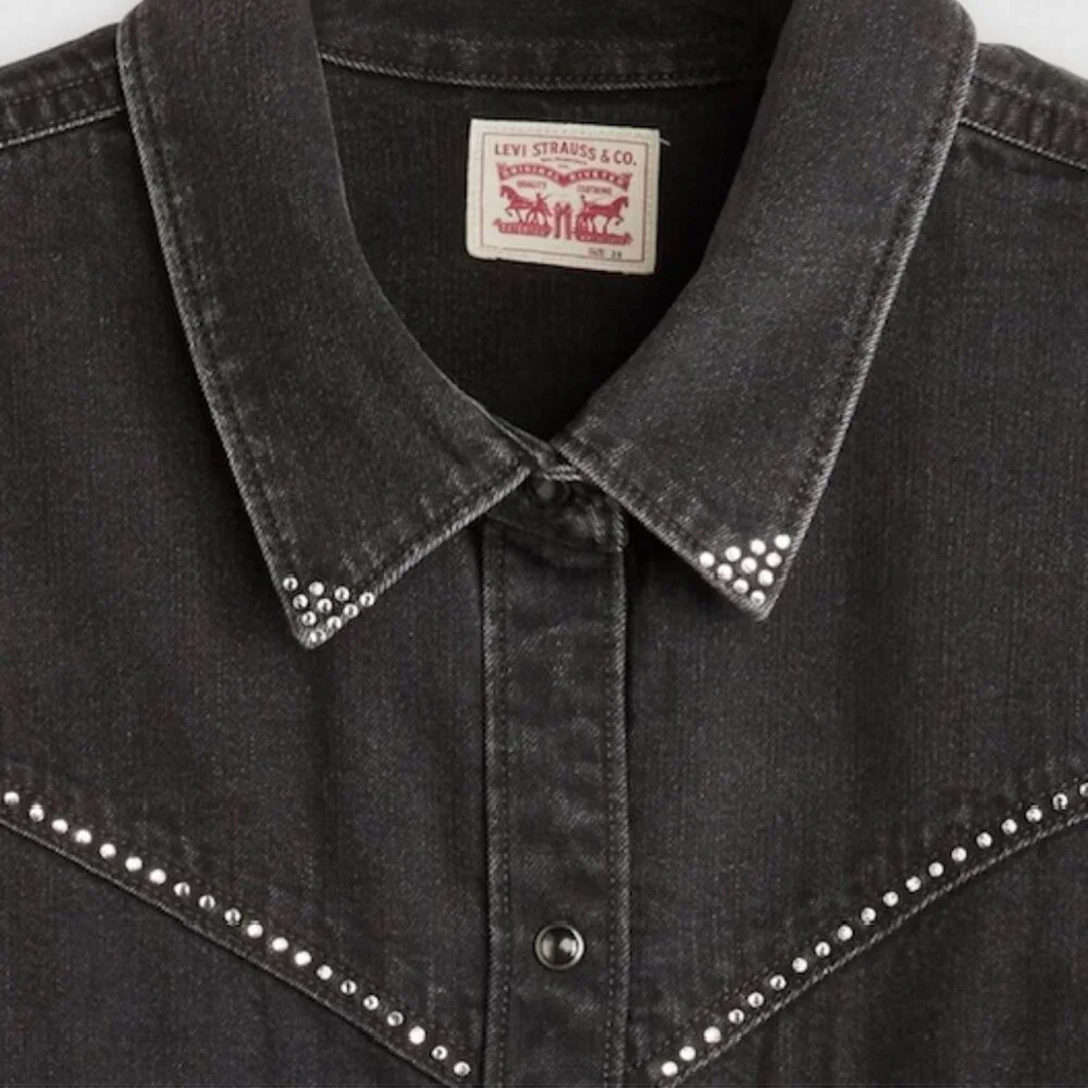 Levi's Shirt Womens 2X Black Western Denim Button Up Rhinestone Long Sleeve